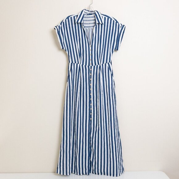 ✨ ZARA Striped Linen Blend Midi Shirt Dress White Blue Button Front - Picture 2 of 13
